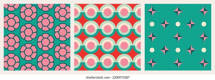 Christmas Retro Patterns Bundle Set in Green, Turquoise Pink, Red and Beige, xmas vector pattern design, 60s and 70s retro aesthetic style
