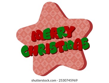 Christmas retro pop typography. Vector illustration. Star shaped  icon with Christmas pattern. Red and green letters. White background.
