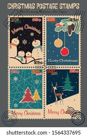 Christmas Retro Postage Stamps Mid Century Modern Style, Christmas Decorations, Trees, Reindeer, Snowman