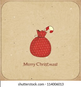 Christmas retro postcard with gift bag in vintage style with place for text - vector illustration