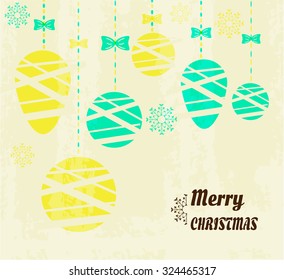 Christmas, retro poster, background, backdrop, card with simple hanging decorations - balls with bows, beautiful green and yellow snowflakes, text Merry Christmas     