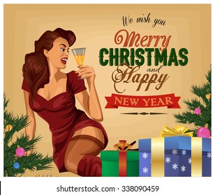 Christmas Retro Poster. Pin Up Girl With Champagne.