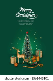 Christmas Retro Poster with Christmas tree, reindeer, toy train and gifts