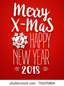 Christmas retro poster with typography and decoration element paper craft snowflake on red knitted background. This vector illustration can be used as a greeting card, poster or print.