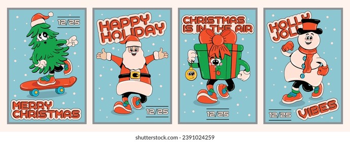 Christmas retro posters. Santa, snowman, tree, gift. New Year's mascots. Merry Christmas and Happy New Year. Vector illustration.