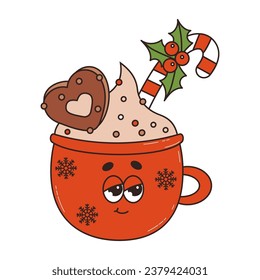 Christmas retro red cup cocoa with gingerbread and caramel stick. 60 -70s vibes groovy character. Merry Christmas and Happy New Year