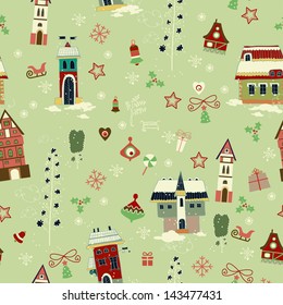 Christmas retro seamless with little town in winter