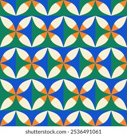 Natal retro padrão sem emenda com formas geométricas em azul, verde, laranja e bege. Trendy Ano Novo fundo abstrato mínimo.