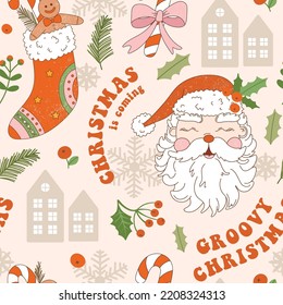 Christmas retro seamless pattern with groovy Santa, smile, holly, stocking, spruce, slogan text and abstract elements. Vintage vector for winter holidays invitation, wrapping paper; packaging etc.