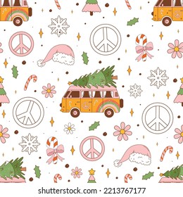 Christmas retro seamless pattern with groovy truck, Santa Claus hat, candy cane, hippie flowers, spruce and decorative peace symbols. Vintage vector.