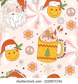Christmas retro seamless pattern with groovy smile face, cup of cacao drink, Santa Claus, flowers, hippie peace sign and decorative elements. Vintage vector.