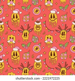 Christmas retro seamless pattern with groovy melting smile face, holly, toys on trippy red background. Vintage contour vector for winter holidays postcard, invitation, wrapping paper, packaging.Vector