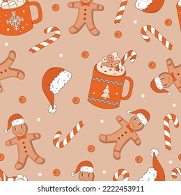 Christmas retro seamless pattern with groovy gingerbread man, cup of cacao, Santa Claus hat, candy cane and holly berry. Vintage vector for postcard, invitation, wrapping paper, packaging etc.