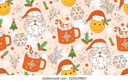 El retro navideño combina a la perfección el rostro de sonrisa groovy, taza de cacao, abeto, Papá Noel y elementos decorativos. Vector vintage para invitaciones de vacaciones de invierno, papel de embalaje, embalaje, etc.