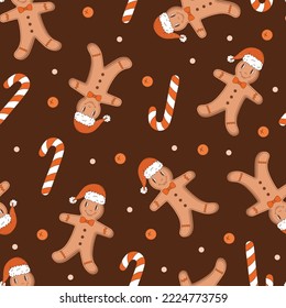 Christmas retro seamless pattern with groovy gingerbread man and candy cane. Vintage vector for winter holidays postcard, invitation, wrapping paper, packaging etc.