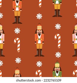 Christmas retro seamless pattern with groovy nutcracker toy, candy cane and snowflake. Vintage vector for winter holidays postcard, invitation, wrapping paper, packaging etc.