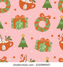 Christmas retro seamless pattern with groovy gifts, wreath, fir tree and cacao drink. Vintage vector for winter holidays postcard, invitation, wrapping paper, packaging etc.