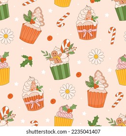 Christmas retro seamless pattern with groovy sweet cupcake, candy cane, flowers and holly leaves. Vintage vector for winter holidays postcard, invitation, wrapping paper, packaging etc.