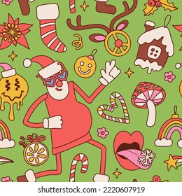 Christmas retro seamless pattern with Santa Claus , candy cane, hippie flowers, stockling and decorative symbols. Vintage 70sstyle vector illustration.