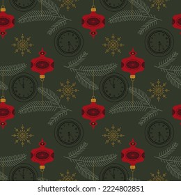 Christmas retro Seamless Pattern with Vintage Glass Ball on Spruce. Flat Vector illustration