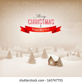 Christmas retro sepia winter landscape background. Vector. 