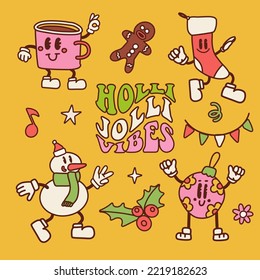 Christmas retro set of 30s cartoon mascot characters. Snowman, hot mug, sock, decorative ball. 50s, 60s old animation style. Vintage comic Holly Jolly bives. Happy emotions. Vector elements collection