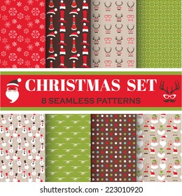 Christmas Retro Set - 8 seamless patterns - for design, photo booth in vector