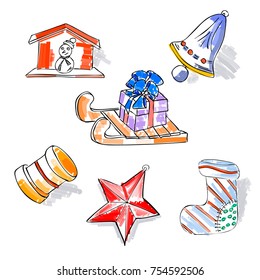 Christmas retro sketch doodles elements sled star snowman gift toys bell boot . Hand drawn vintage design