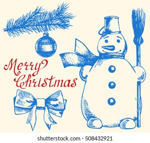 Christmas retro sketch doodles. Vector sketch style illustration set. Snowman, pine branch,  bow and christmas ornament. Merry Christmas lettering. Hand drawn vintage design. Hand drawing.