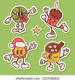 Christmas Retro Stickers Set With 60s Cartoon Holiday Mascot Characters. Coffee Paper Cup, Christmas Wreath, Flower, Cocoa Mug. 50s Old Animation Style. Vintage Comic Characters. Vector Illustration.