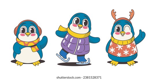 Christmas Retro Style Penguins Characters Exude Timeless Charm. Cute Baby Birds Wearing Deer Horns, Headphones, Skating