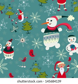Christmas retro texture with cute Santa deer, doodle snowman