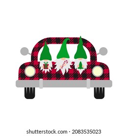 Christmas retro truck. Red buffalo plaid pattern.  Vintage pickup with gnomes. Vector  template for winter holidays greeting card, banner, poster, flyer, etc.