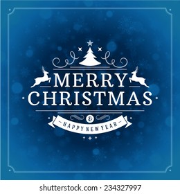 Christmas retro typographic and light with snowflakes. Merry Christmas holidays wish greeting card and vintage ornament decoration. Happy new year message. Vector background Eps 10.