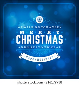 Christmas retro typography and light background. Merry Christmas holidays wish greeting card and vintage ornament decoration. Happy new year message. Vector illustration Eps 10.