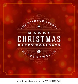 Christmas retro typography and light background. Merry Christmas holidays wish greeting card design and vintage ornament decoration. Happy new year message. Vector illustration Eps 10.