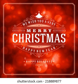 Christmas retro typography and light background. Merry Christmas holidays wish greeting card design and vintage ornament decoration. Happy new year message. Vector illustration Eps 10.