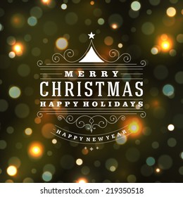 Christmas retro typography and light background. Merry Christmas holidays wish greeting card design and vintage ornament decoration. Happy new year message. Vector illustration Eps 10.