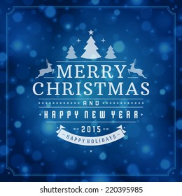 Christmas retro typography and light background. Merry Christmas holidays wish greeting card design and vintage ornament decoration. Happy new year message. Vector illustration Eps 10.