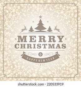 Christmas retro typography and light background. Merry Christmas holidays wish greeting card design and vintage ornament decoration. Happy new year message. Vector illustration Eps 10.