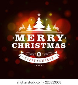 Christmas retro typography and light background. Merry Christmas holidays wish greeting card design and vintage ornament decoration. Happy new year message. Vector illustration Eps 10.