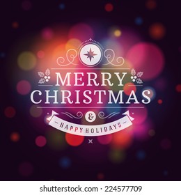 Christmas retro typography and light background. Merry Christmas holidays wish greeting card design and vintage ornament decoration. Happy new year message. Vector illustration Eps 10.