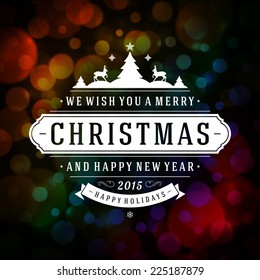 Christmas retro typography and light background. Merry Christmas holidays wish greeting card design and vintage ornament decoration. Happy new year message. Vector illustration.
