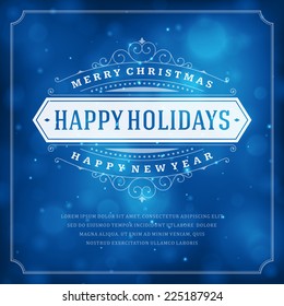 Christmas Retro Typography And Light Background. Merry Christmas Holidays Wish Greeting Card Design And Vintage Ornament Decoration. Happy New Year Message. Vector Illustration.