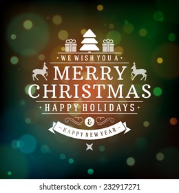 Christmas retro typography and light background. Merry Christmas holidays wish greeting card design and vintage ornament decoration. Happy new year message. Vector illustration Eps 10.