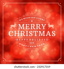 Christmas retro typography and light background. Merry Christmas holidays wish greeting card design and vintage ornament decoration. Happy new year message. Vector illustration.
