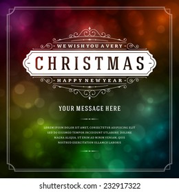 Christmas retro typography and light background. Merry Christmas holidays wish greeting card design and vintage ornament decoration. Happy new year message. Vector illustration.