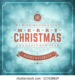 Christmas retro typography and light with snowflakes. Merry Christmas holidays wish greeting card and vintage ornament decoration. Happy new year message. Vector background Eps 10.