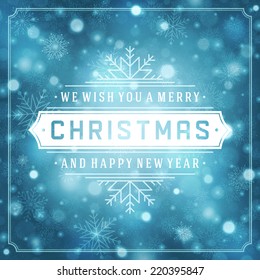 Christmas retro typography and light with snowflakes. Merry Christmas holidays wish greeting card design and vintage ornament decoration. Happy new year message. Vector background Eps 10.
