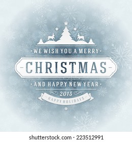 Christmas retro typography and light with snowflakes. Merry Christmas holidays wish greeting card design and vintage ornament decoration. Happy new year message. Vector background Eps 10.